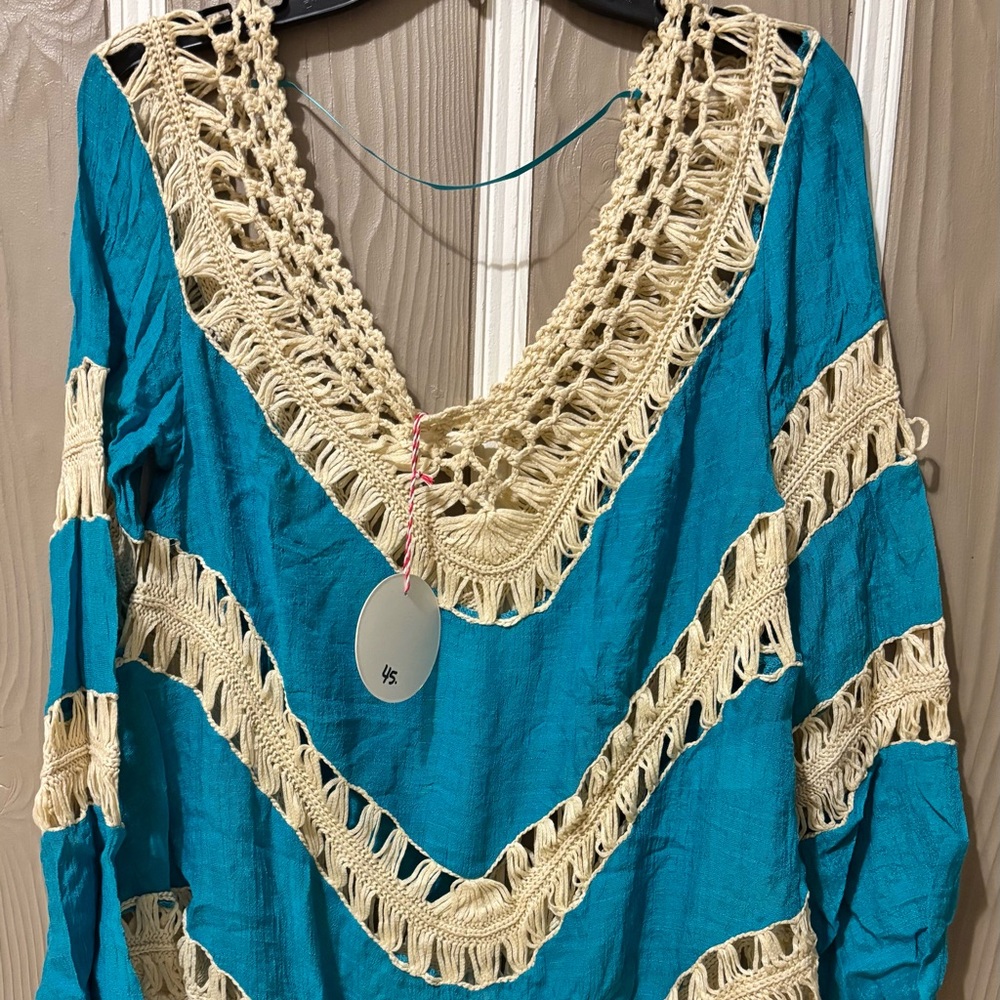 Umgee Teal Blue Woven Crochet Trim Boho Blouse